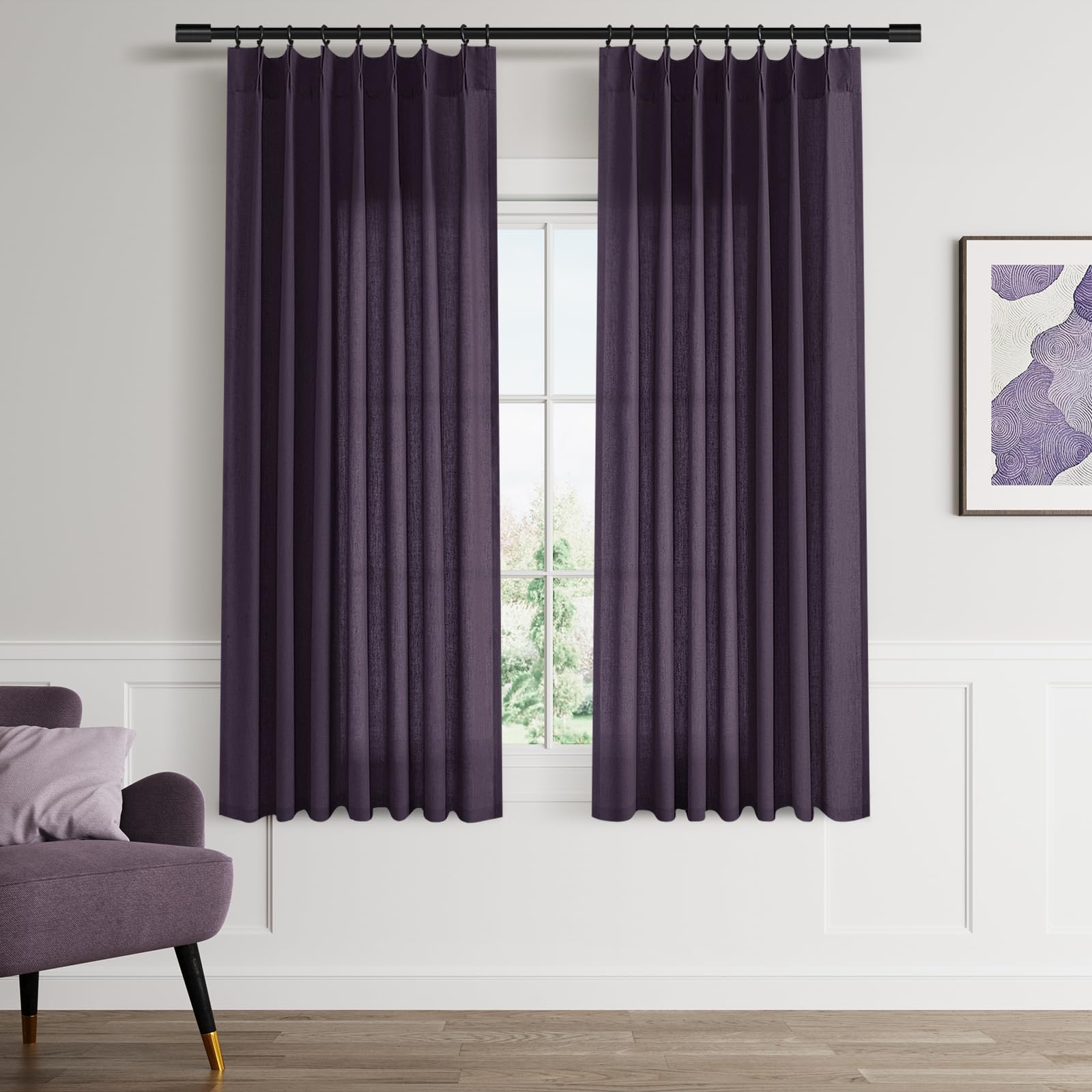 Aersas Plum Pinch Pleated Linen Curtains 63 Inch Length 2 Panels for Living Room Bedroom Semi Sheer Window Curtain Boho Neutral Back Tab Pinch Pleat Drape with Hooks 40x63