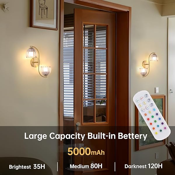 SHENMOYL BATTERY OPERATED WALL SCONCE, 2-LIGHTS VINATGE BRASS WALL LIGHTING UP AND DOWN WITH CLEAR TULIP SHADE FOR LIVING ROOM, BEDROOM, SYMMETRICAL 2 PACK