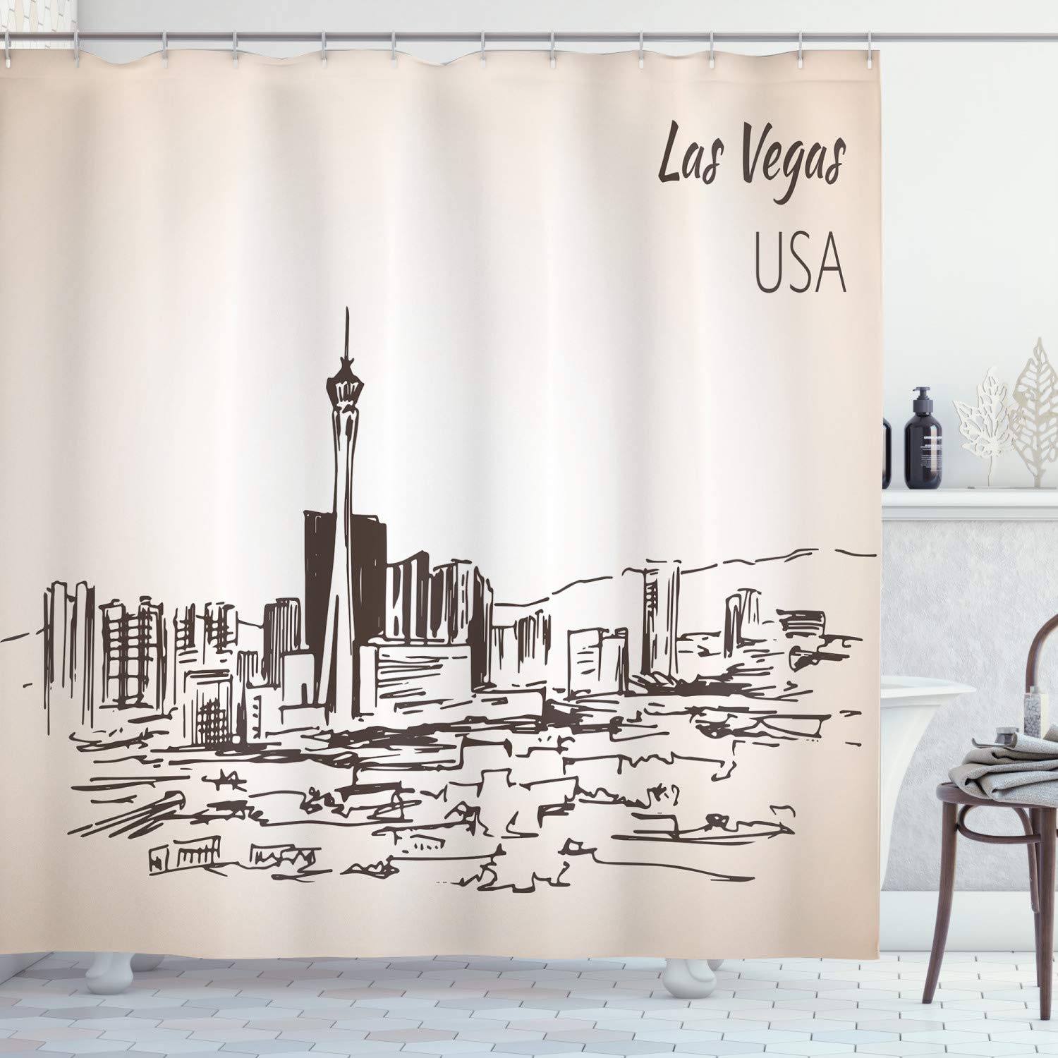 ABAKUHAUS Las Vegas Shower Curtain, Sketch Style Landscape Composition of Nevada State City Hand Drawn Illustration, Cloth Fabric Bathroom Decor Set with Hooks, 94 Inches, Beige Black