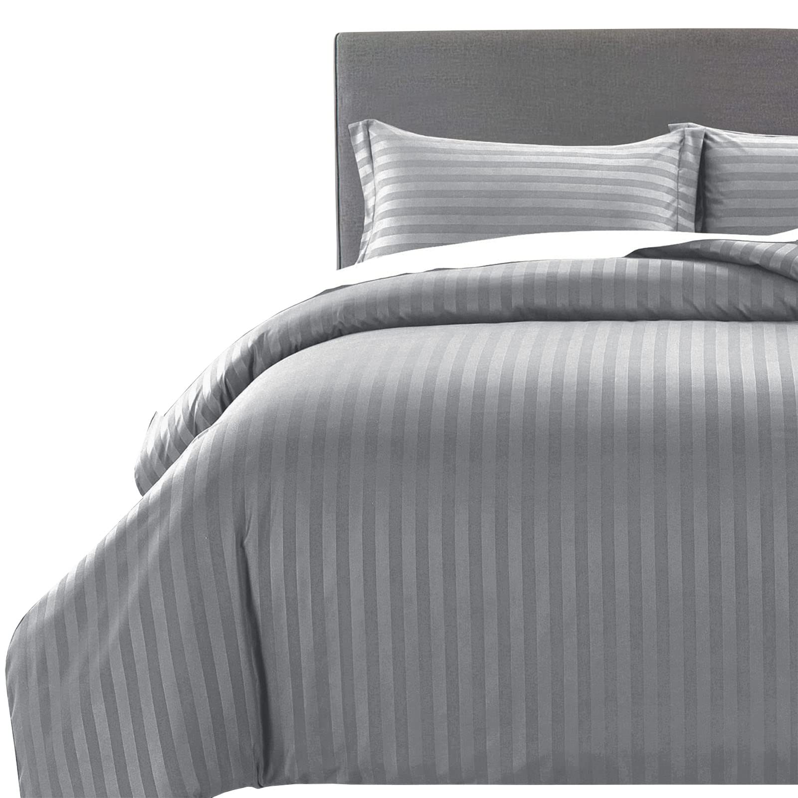 MOONLIGHT20015 Double Duvet Set Reversible Stripes Satin Double Bedding Set with 2 Pillowcases Soft Hypoallergenic Duvet Cover (Grey 200x200 CM)