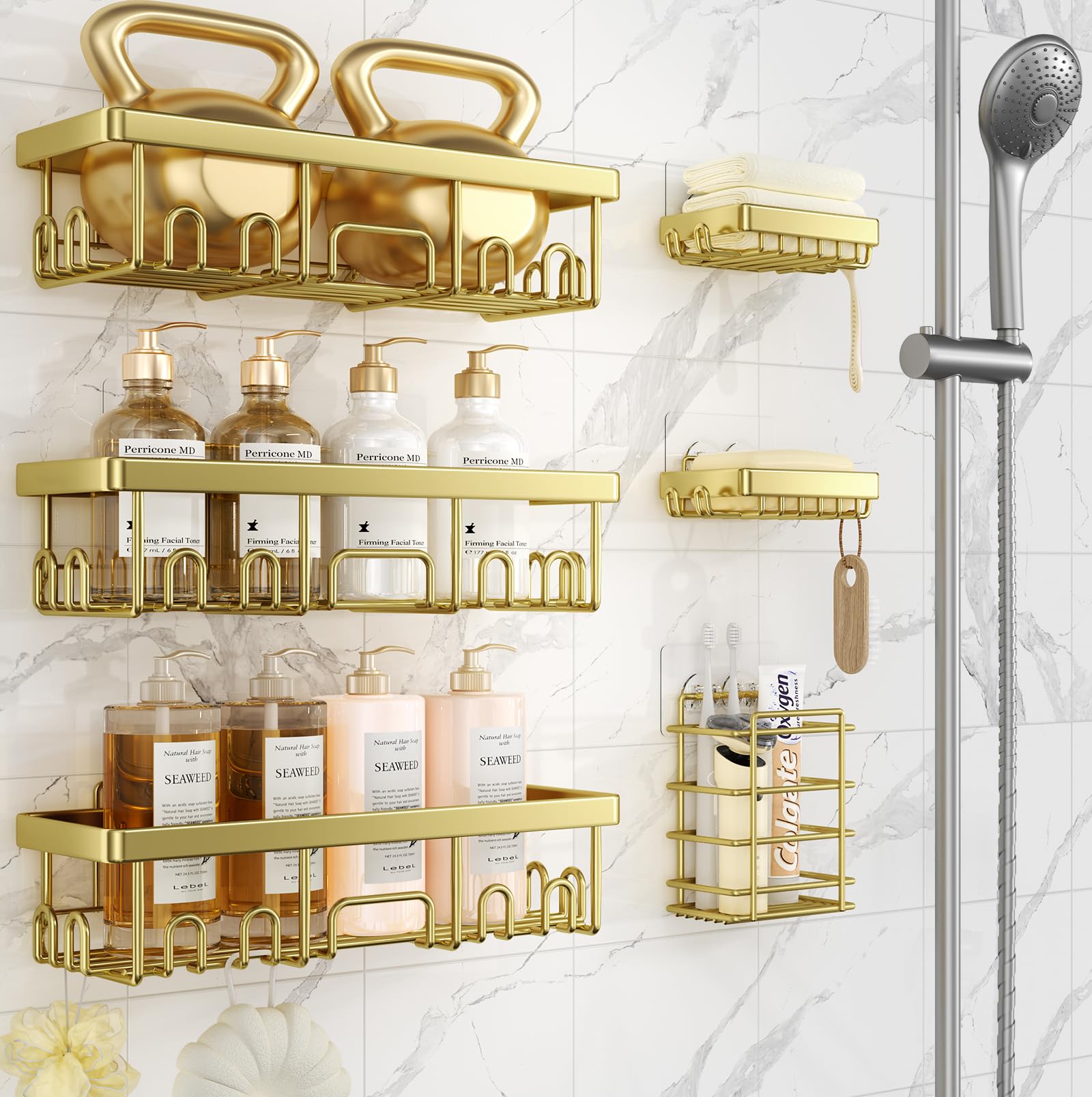 Photo 1 of Veken Adhesive Shower Caddy 6-Pack,Gifts for Women Mom,Heavy Weight Bearing,Large Wall Mounted Bathroom Shelves Rack,Organizer Storage Accessories with Soap Dish&Toothbrush Holder,Bright Gold