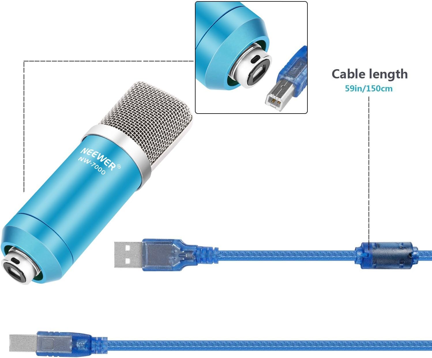 Neewer USB Microphone with Suspension Scissor Arm Stand, Shock Mount, Monitor Headphone, Pop Filter, USB Cable and Table Mounting Clamp Kit for Sound Recording for Windows and Mac (Blue/Silver): Musical Instruments