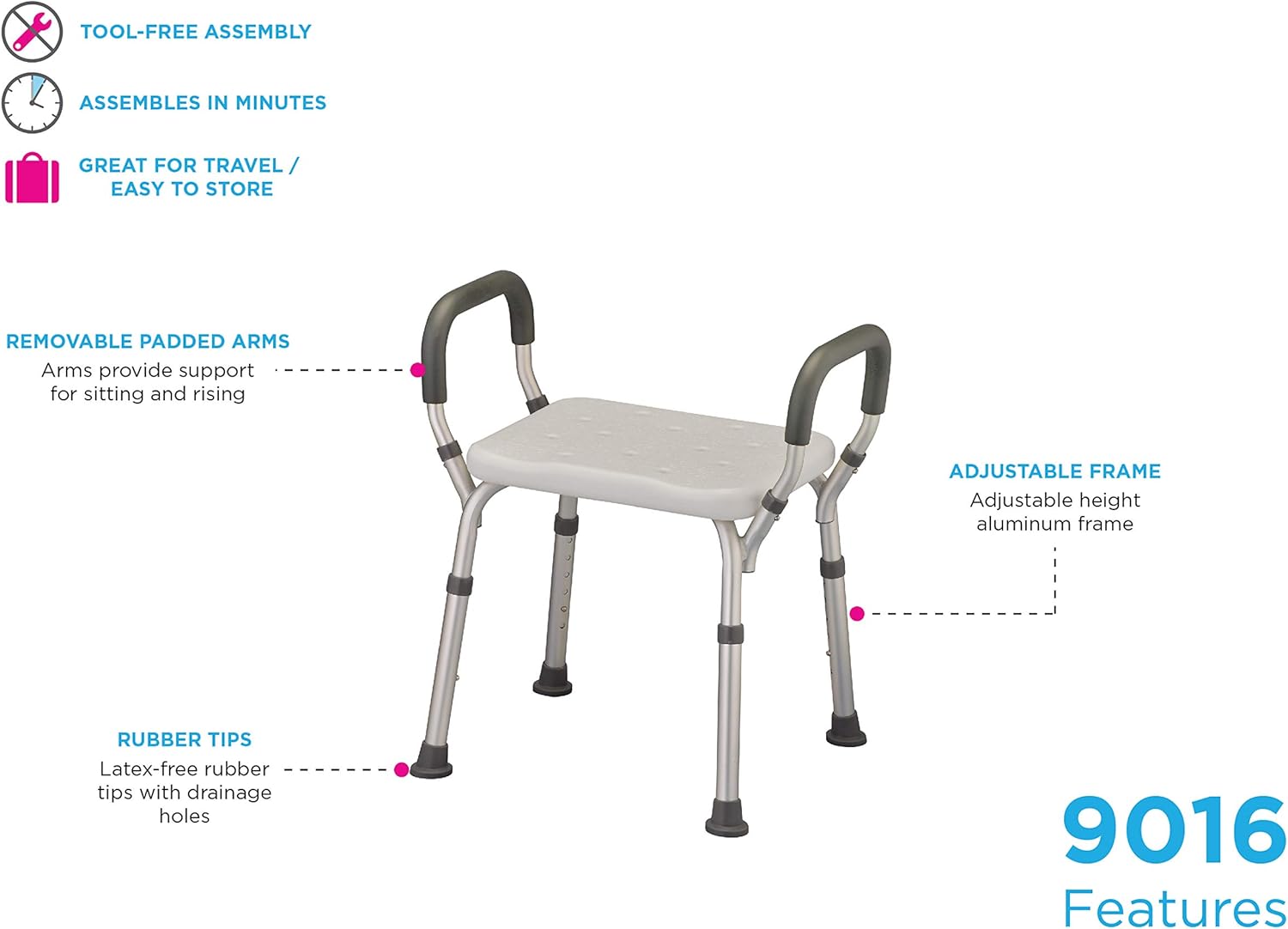 NOVA Medical Products Shower and Bath Chair with Arms, Quick & Easy Tools Free Assembly, Lightweight and Seat Height Adjustable, Great for Travel, White: Health & Personal Care