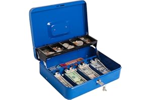 Kasten Cash Box with Money Tray and Key Lock, Metal Money Storage Box, 11.8"x 9.5"x 3.5", Large Blue