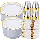 realluck 350 PCS White and Gold Plastic Dinnerware Set for 50 Guests, 100 Disposable Plates for Party, 50 Pre Rolled Napkins with Gold Silverware, 50 Cups