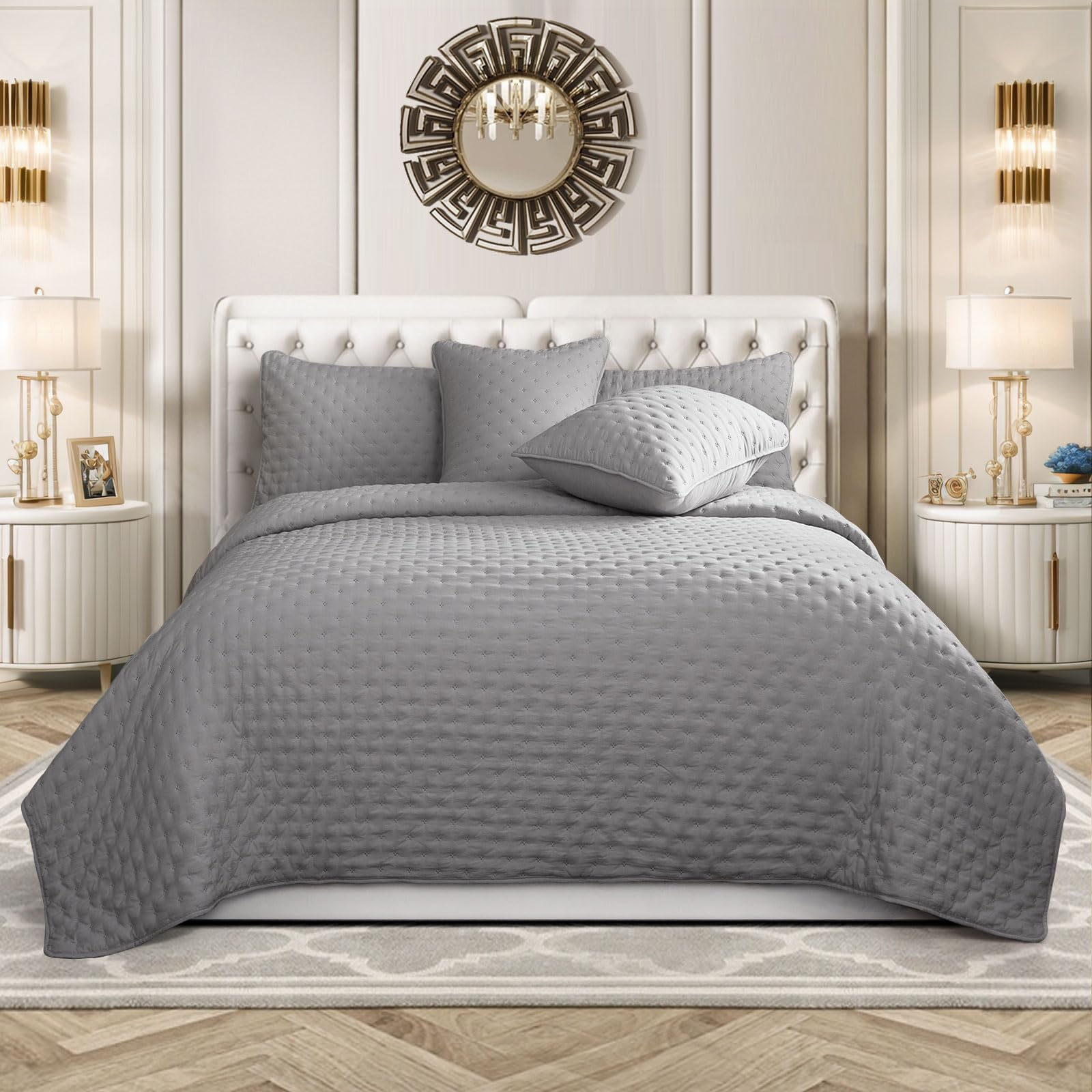 Luxury Quilted 3 Piece Bedspread Embossed Pattern for All Season, Soft Microfiber Reversible Patchwork Beddings Set Bed Throw for Bedroom Decor Reversible Coverlet (Grey, Comforter & 2 Pillow Shams)