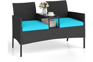 Tangkula Patio Loveseat with Built-in Table, Wicker 2-Seat Furniture with Soft Cushions & Tempered Glass Tabletop, Metal Frame Outdoor Conversation Seating Bench for Backyard, Porch