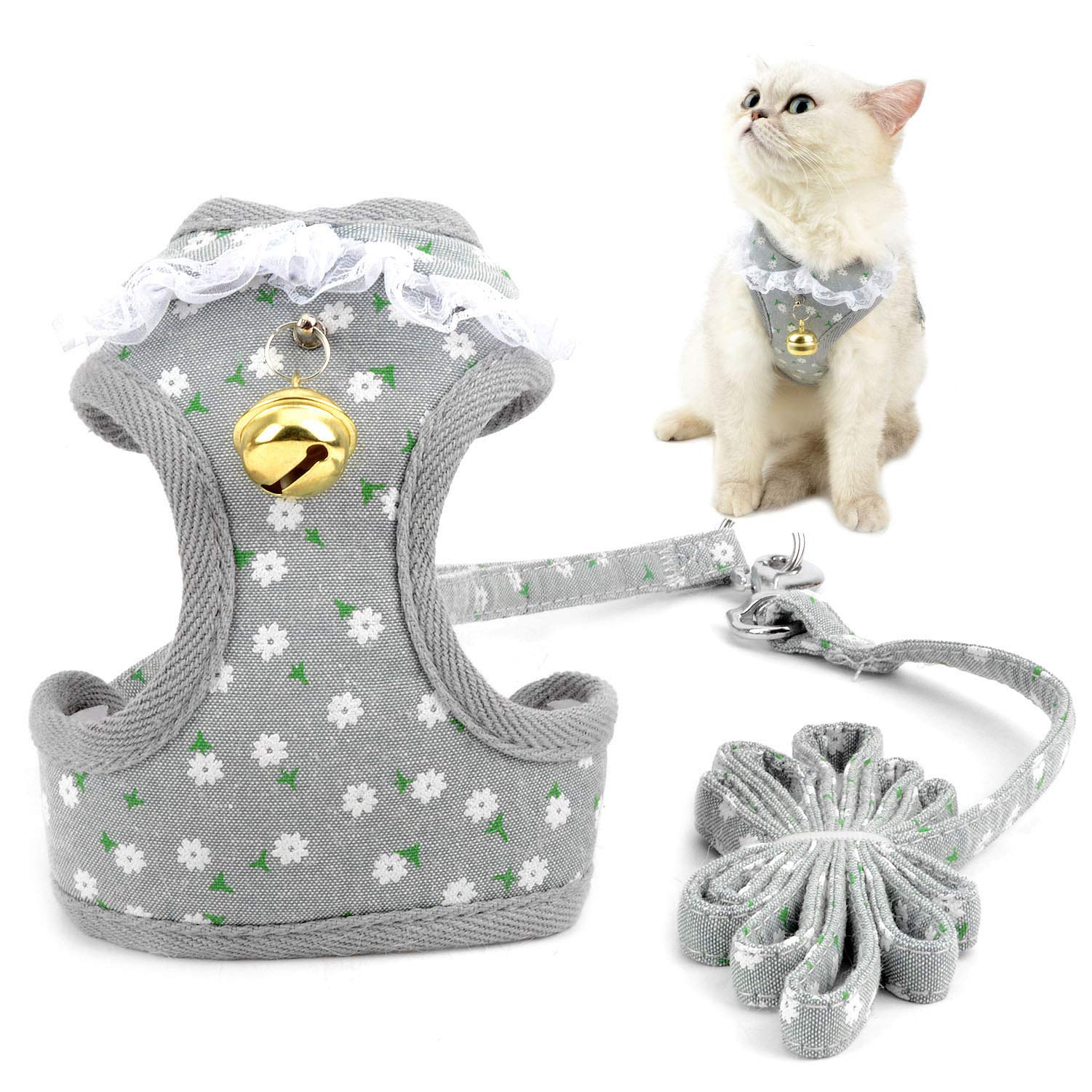 Zunea Dog Harness and Lead Set for Small Dogs No Pull Adjustable Mesh Padded Chihuahua Vest Harnesses with Bell, Cute Floral and Strawberry Printed Cat Harness Escape Proof for Walking Gray S