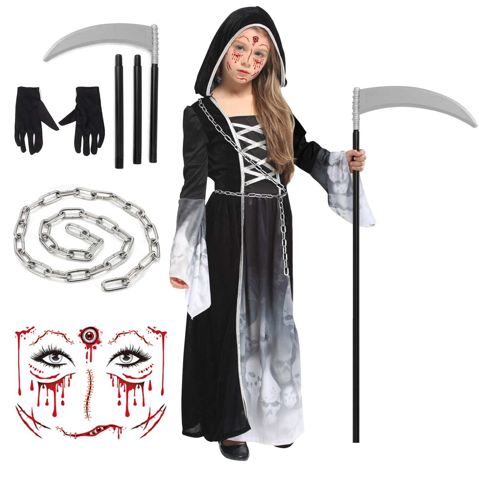 YADODO Grim Reaper Costume Kids Girls 5-7 with Scythe Chain Gloves Stickers Scary Halloween Grim Reaper Outfit Fancy Dress for Girls Ghost Face Skull Scream Zombie Death Costume for Kids Halloween