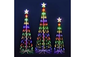 OUSHENG 3 Pack LED Outdoor Christmas Tree Light Show Decorations, Outside Lighted Cone Xmas Decor with Star Toppers for Yard Porch Backyard Patio, 4 Colors, 4ft 5ft 6ft