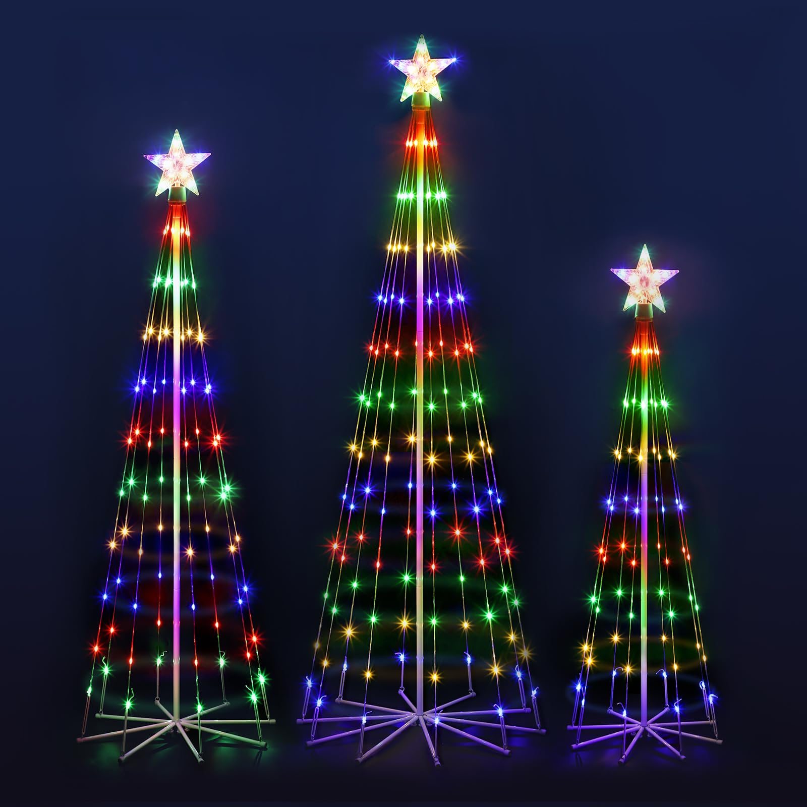 Photo 1 of OUSHENG 3 Pack LED Outdoor Christmas Tree Light Show Decorations, Outside Lighted Cone Xmas Decor with Star Toppers for Yard Porch Backyard Patio, 4 Colors, 4ft 5ft 6ft