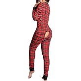 Svuitmsl Women's Long Sleeve Christmas Jumpsuit Button Sexy V Neck Bodycon One Piece Pajamas Bodysuit Romper Sleepwear