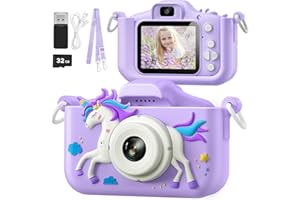 HOMETALL Upgrade Unicorn Kids Camera for 3-12 Year Old Girl Toys, Christmas Birthday Gifts for Kids, 1080P HD Kids Digital Video Cameras for Toddler with 32GB SD Card