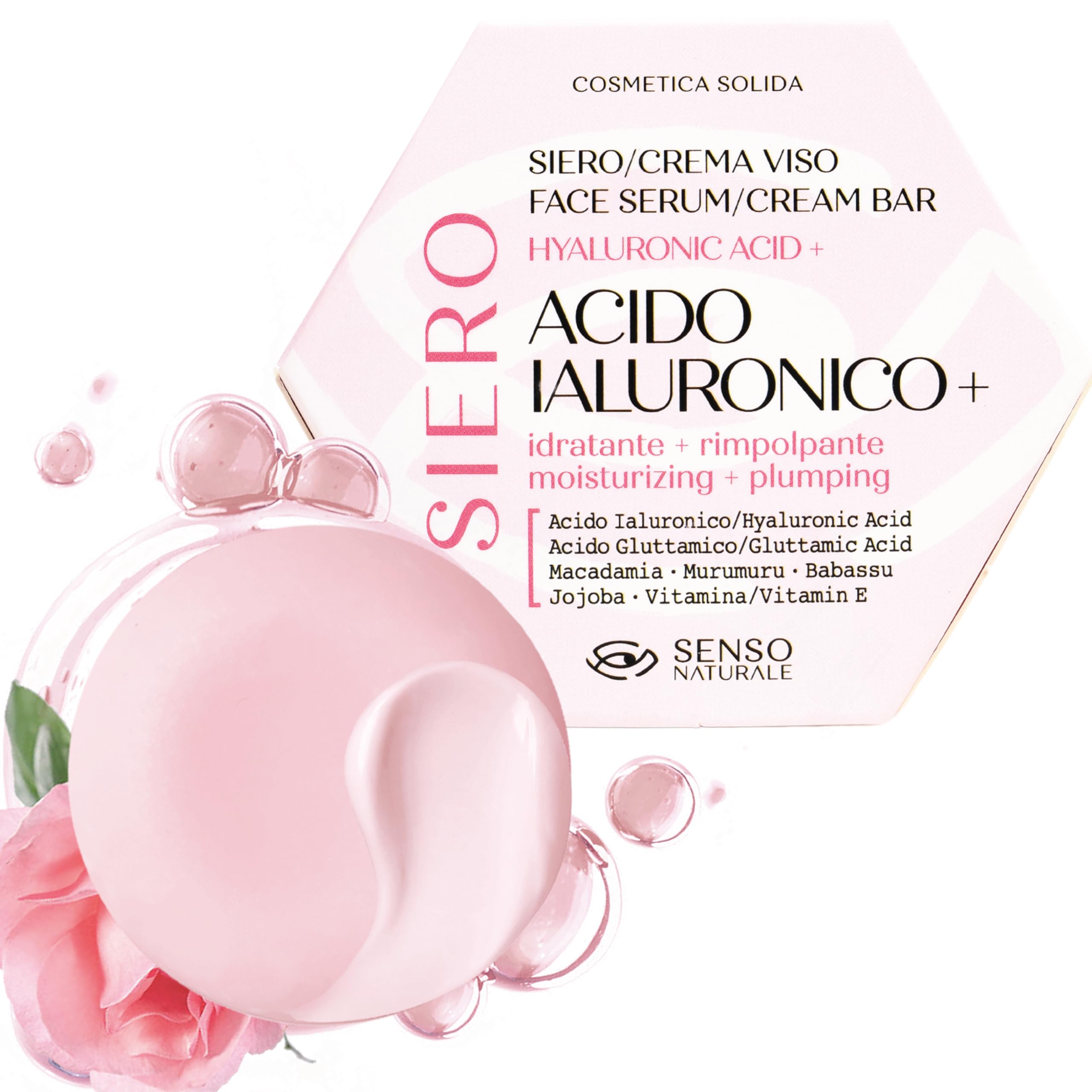 Senso Naturale Solid Face Serum with Pure Concentrated Hyaluronic Acid and Vitamin E, Face Cream for Every Tipe of Skin, Toning Night Mask, 100% Natural and Vegan