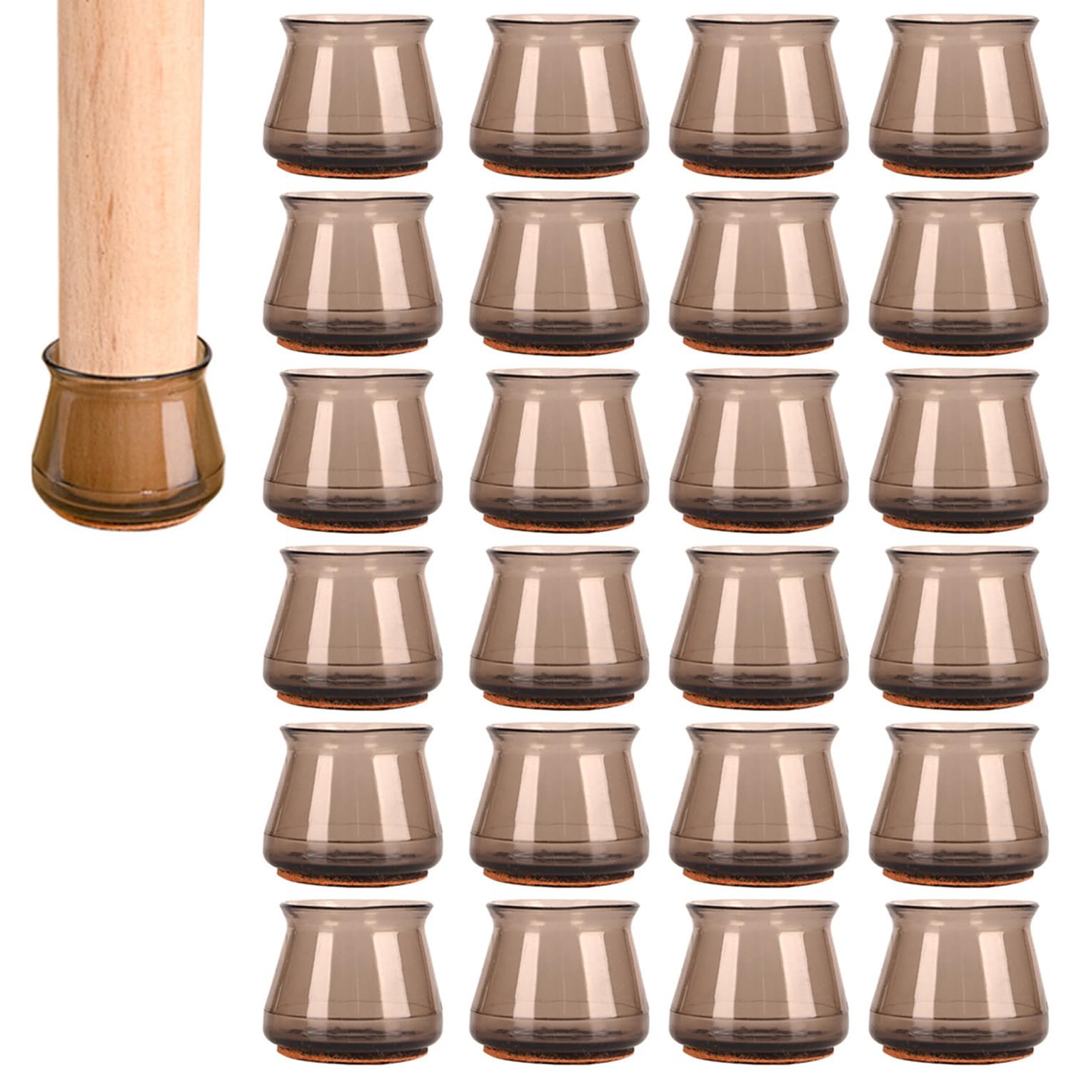 24-Piece Furniture Floor Protectors - Clear Silicone Chair Leg Covers with Noise-Reducing Felt Pads, Scratch Prevention for Hardwood Surfaces (Brown, Universal Fit)