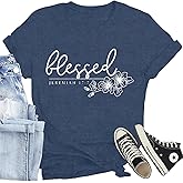 CQF Christian Shirt for Women Blessed Letter Print Bible Verse T-Shirt Retro Faith Short Sleeve