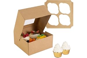 Jotique 6x6x3 Bakery Cookie Boxes with Window, Kraft Paper Cupcake Treat Pastry Food Boxes for Baked Goods 30 Sets