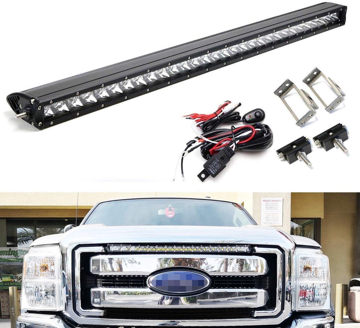 Amazon Com Ijdmtoy Upper Grille Mount 30 Inch Led Light Bar Compatible With 2011 2016 Ford F250 F350 Super Duty Includes 1 150w High Power Cree Led Lightbar Grill Mounting Brackets On Off Switch Wiring