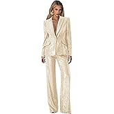 LEWIJO Sequin Suits for Women Dressy 2 Piece Womens Suit Glitter Sparkly V Neck 1 Button Womens Suits for Party Prom