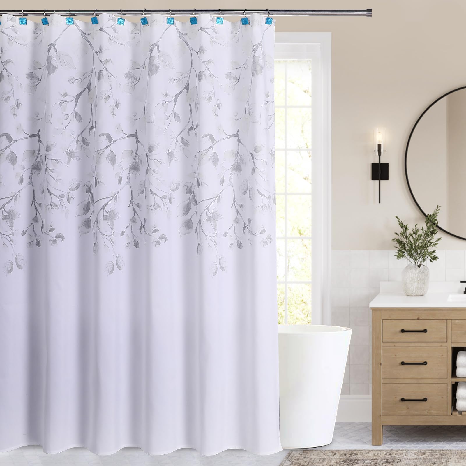 WEST LAKE Gray Tan Leaf Shower Curtain Water Resistant Decorative Sweeping Floral Print Canvas Bathroom Spa Hotel Shower Curtain with Buttonholes (White, 70"x72",178x183cm)