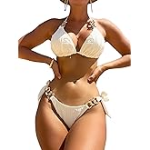 OYOANGLE Women's 2 Piece Chain Linked Halter Triangle Tie Side Bikini Sets Swimsuit Beachwear