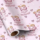 RUSPEPA 13th Birthday Wrapping Paper Girls, Hearts and Pink Number 13 Balloons Happy Birthday Design, 13 Years Old, Mini Roll, 17 Inches x 16.4 Feet, Perfect for Girls' Birthday Party Gifts