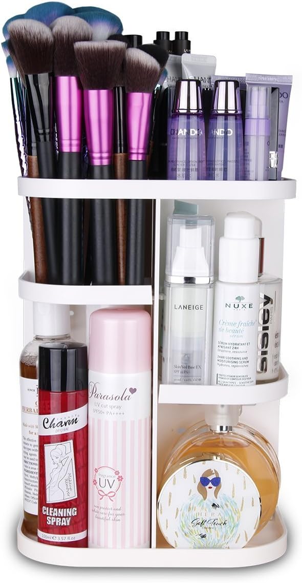 Herwiss 360 Rotating Makeup Organizer for Cosmetic, Brushes, Lipstick, Essential Oils Organization- Space-saving Large Capacity Versatile Adjustable - Great for Bathroom, Vanity and Countertop