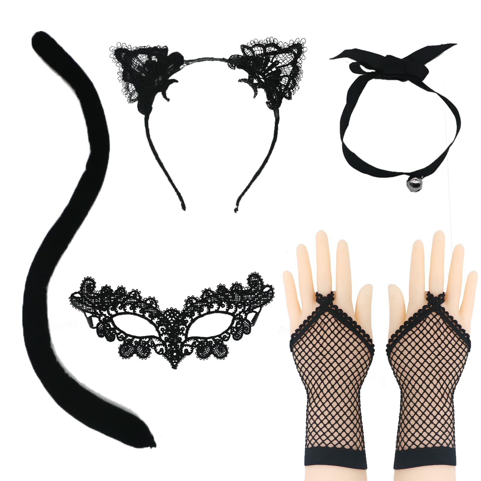MAINOSHY 5Pcs Black Cat Cosplay Costume Set, Lace Cat Ears Headband Cat Eye Cover Tail Chocker Necklace Lace Gloves Fancy Dress Accessories for Women Halloween Theme Party
