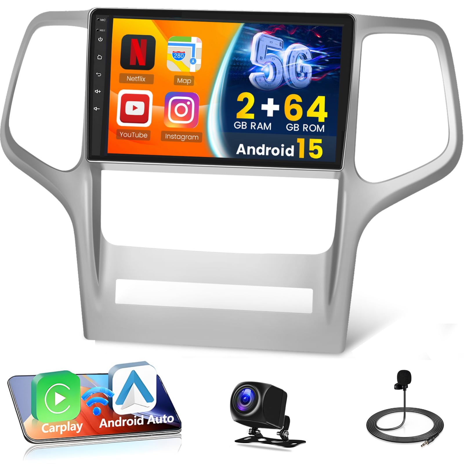 Photo 1 of [64G] Android 15 Car Stereo for Jeep Grand Cherokee WK 2008-2013, Hikity 9" Touchscreen Car Radio with Wireless Carplay Android Auto 2+64G Mirror Link GPS 5G WiFi Bluetooth SWC Backup Cam FM/EQ