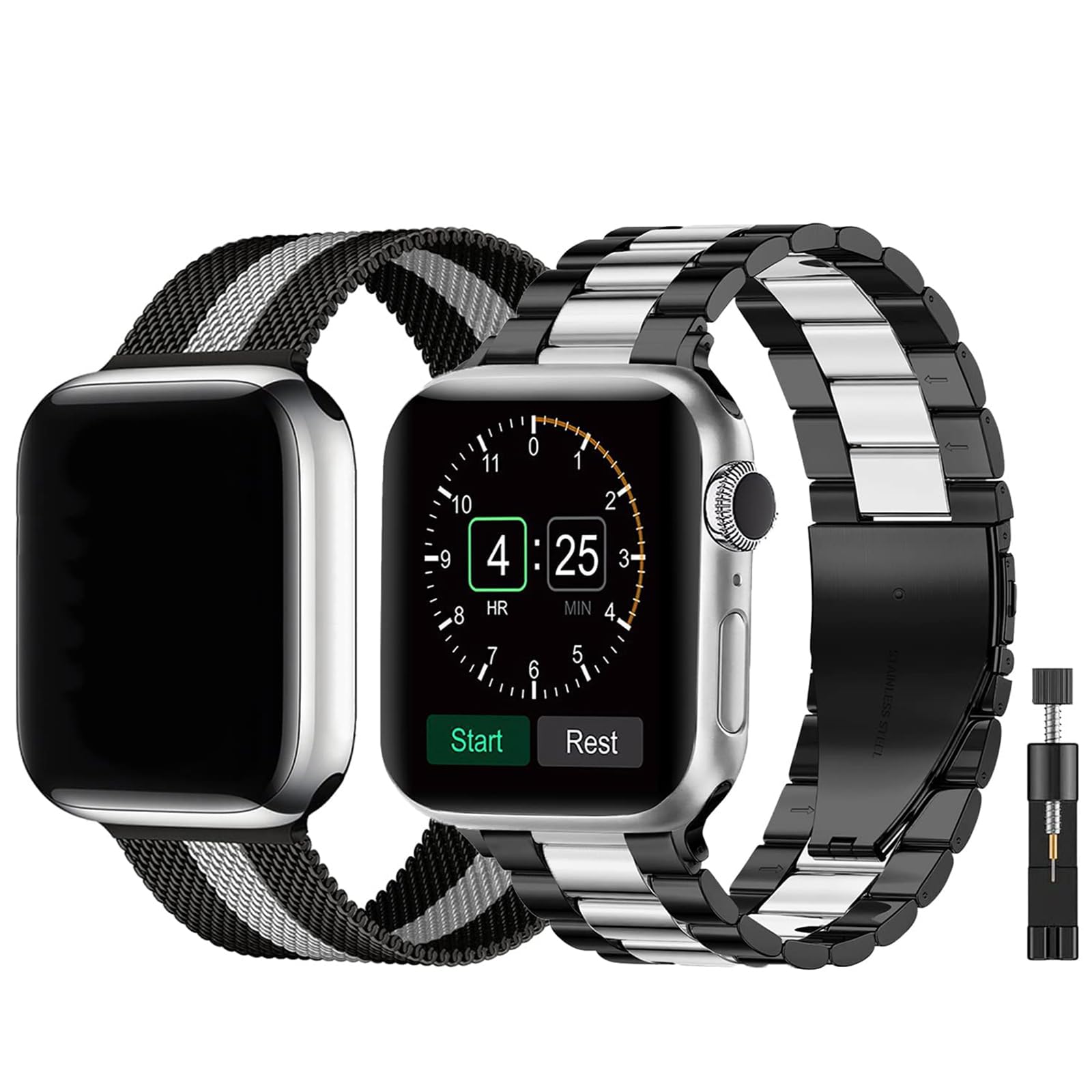 baklon Pack 2 Metal Strap Compatible with Apple Watch Strap 42/44/45/46/49mm, Replacement Wristband Compatible with iWatch Series Ultra SE 3 2 1 Series 11 10 9 8 7 6 5 4,Black&Silver