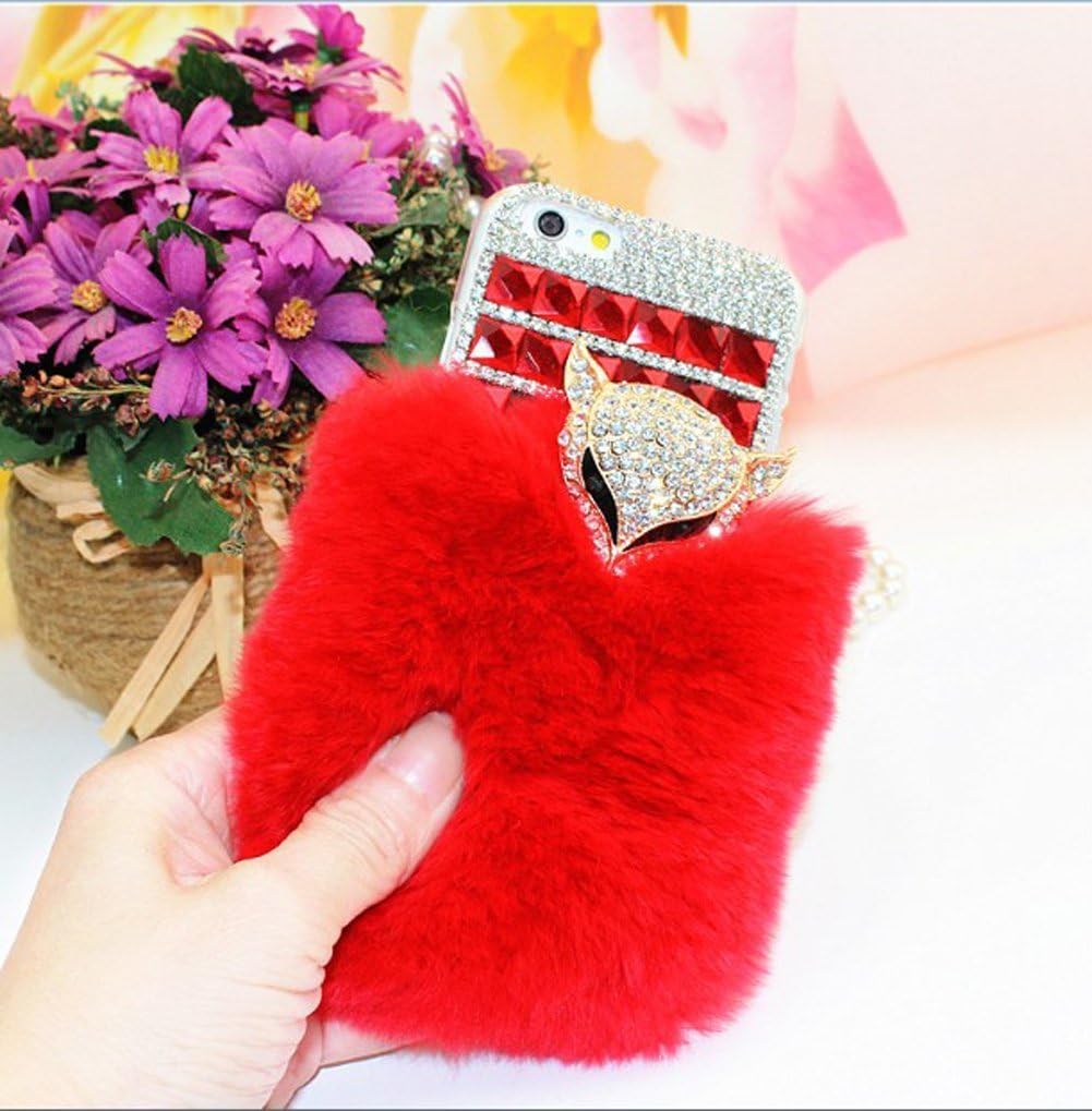 7plus Cover, LU2000 3D Crystals Sparkle Jeweled [Red] Furry Decoration Fur Fluffy [Fox Series] Bling Phone Case Back Cover for Apple iPhone 7 Plus / 7+ 5.5 Inches Version from All Carriers