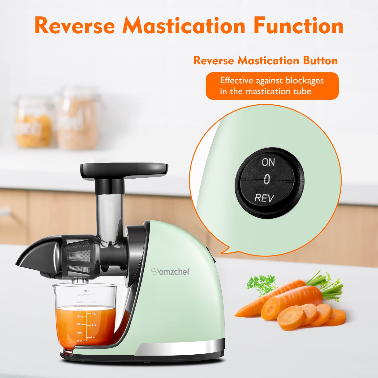 Slow Juicer, AMZCHEF Masticating Juicers Machines with Reverse Function, Cold Press Juicer with Brush, Recipes for High Nutrient Fruits and Vegetables, Green(Updated)
