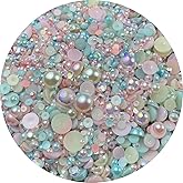 Mix Flatback Pearls and Rhinestone,60g Resin Rhinestones Half Round Pearls for Crafts 3mm-10mm AB Color Half Pearl Flatback Rhinestone for Nail Face Art,Bottles (Light Pink Blue Series)