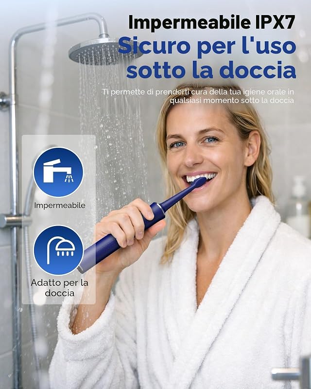 Spazzolino Elettrico Sonico – Pulizia Profonda per Gengive Sensibili, 5 Modalità, 45 Giorni di Batteria, 8 Testine, IPX7 Impermeabile, Timer Intelligente, Ideale per Viaggi (Blu)