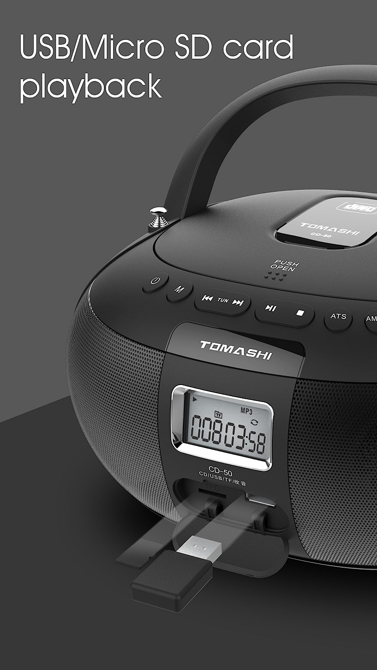 TOMASHI CD-50 CD Player Boombox in Black Portable CD Player | Stereo Sound | LCD Display | USB/TF Card Drive Supported | Headphone Jack