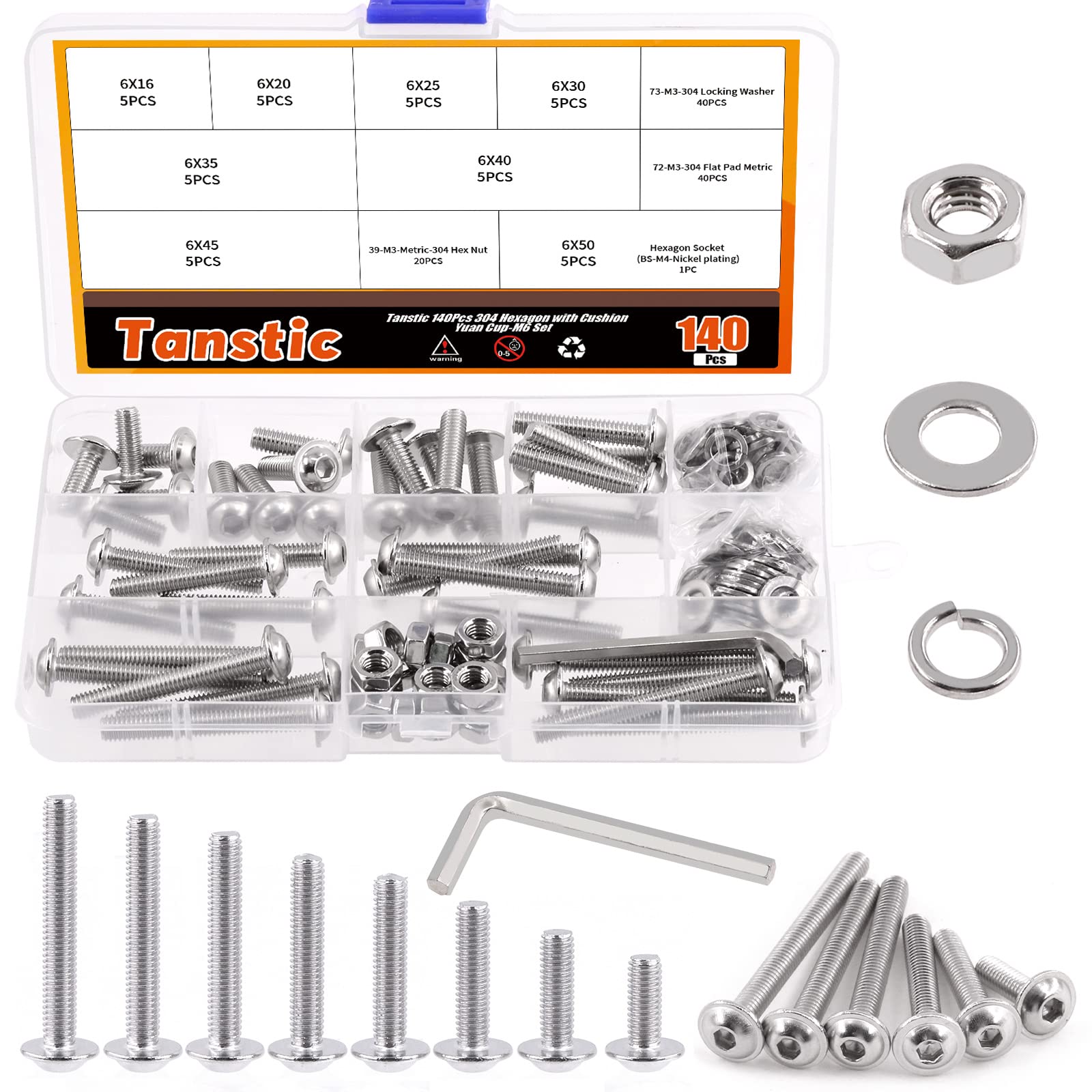 Tanstic 141Pcs M6-1 Flanged Button Head Socket Cap Screws Bolts Hex Nuts Kit, M6-1 x 16mm 20mm 25mm 30mm 35mm 40mm 45mm 50mm 304 Stainless Steel Fasteners Bolts Allen Hex Bolts Full Thread