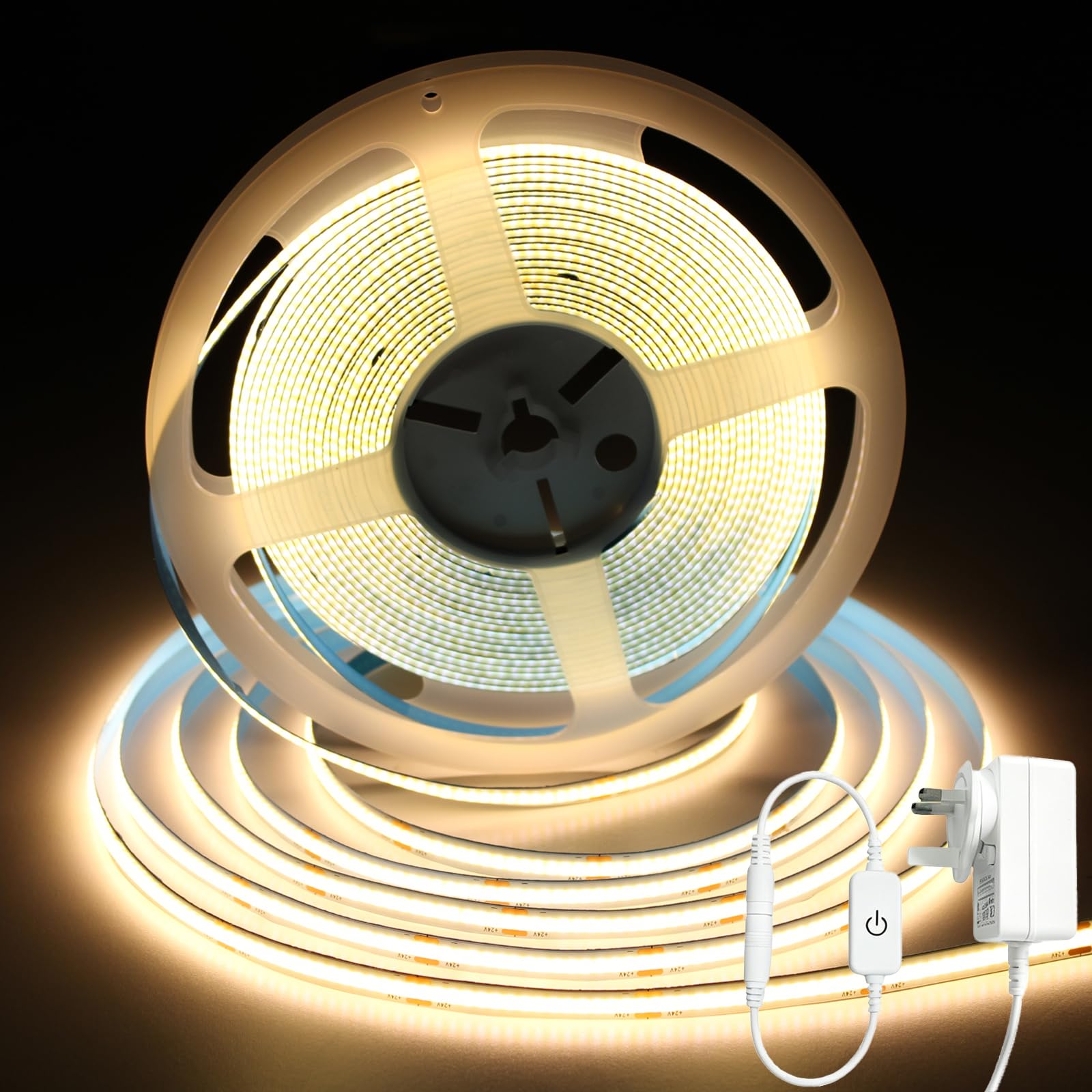 iNextStation 10M COB LED Strip Lights, 24V Warm White 3000K LED Tape Lights with Plug, CRI93+ High Bright Cuttable Dimmable Flexible Light Kit for TV Backlight Bedroom Cabinet Kitchen Ambient Lighting