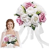 Qeedy Wedding Bouquets for Bride - Realistic Silk Flowers Artificial Roses, 8 Inch Bridesmaid Bouquet for Ceremony, Church, Anniversary, and Home Decoration (White & Pink)