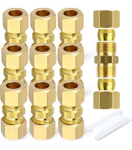 GASHER Lot De 10 Raccords De Tuyau à Compression En Laiton, Raccord De Tuyau De 6,35 Mm OD X 6,35 Mm