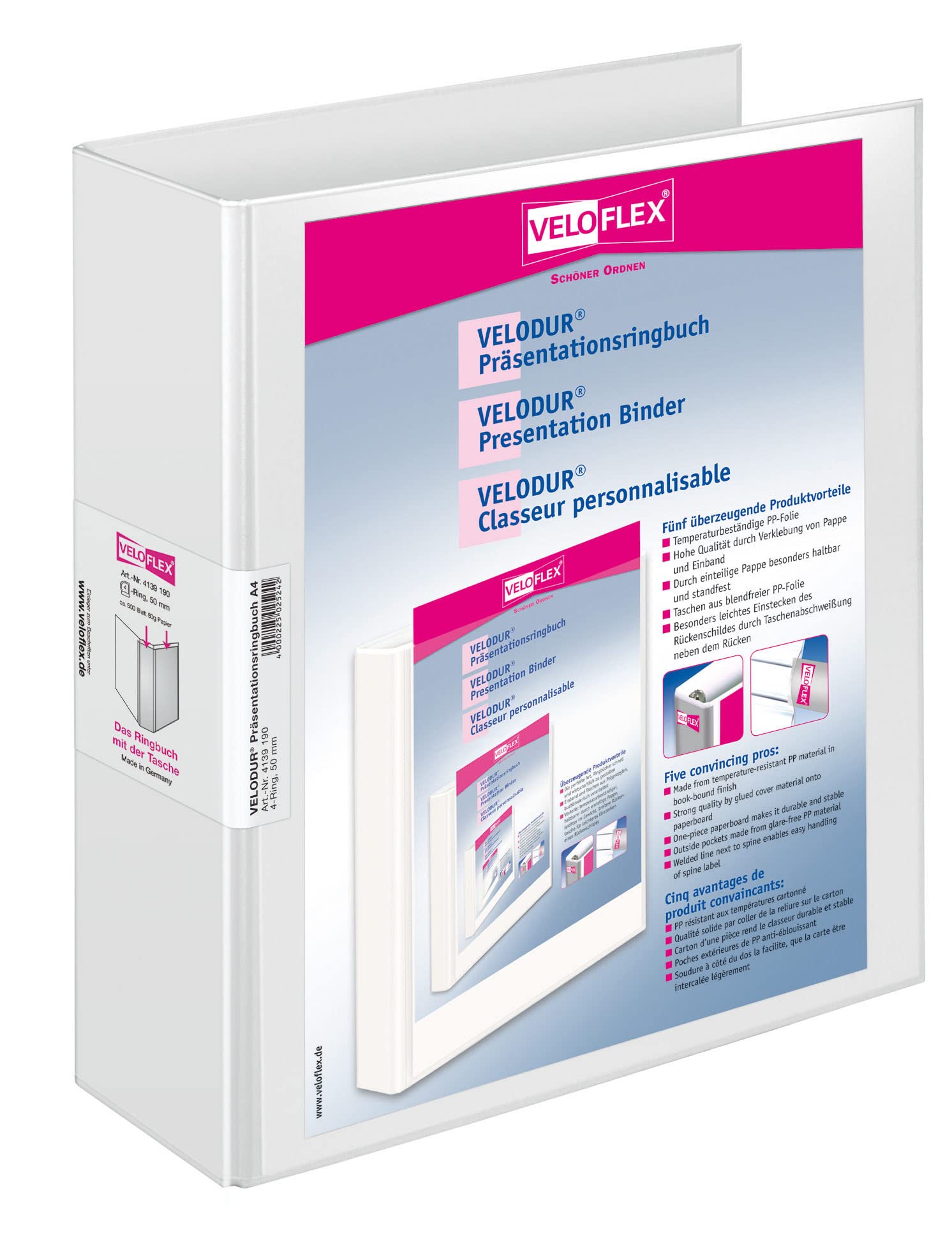 Veloflex VELODUR Presentation Binder – White Polypropylene (PP) (Polypropylene (PP) Ring Binders, A4, 5 cm, 7 cm, 295 mm, White)
