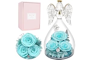 Miofula Preserved Flower Angel Rose Gifts for Women, Angel Figurines with Three Real Rose Gifts for Her Mom Grandma, Flowers Gift for Christmas Mother’s Day Valentines Birthday Gift for Women, SkyBlue