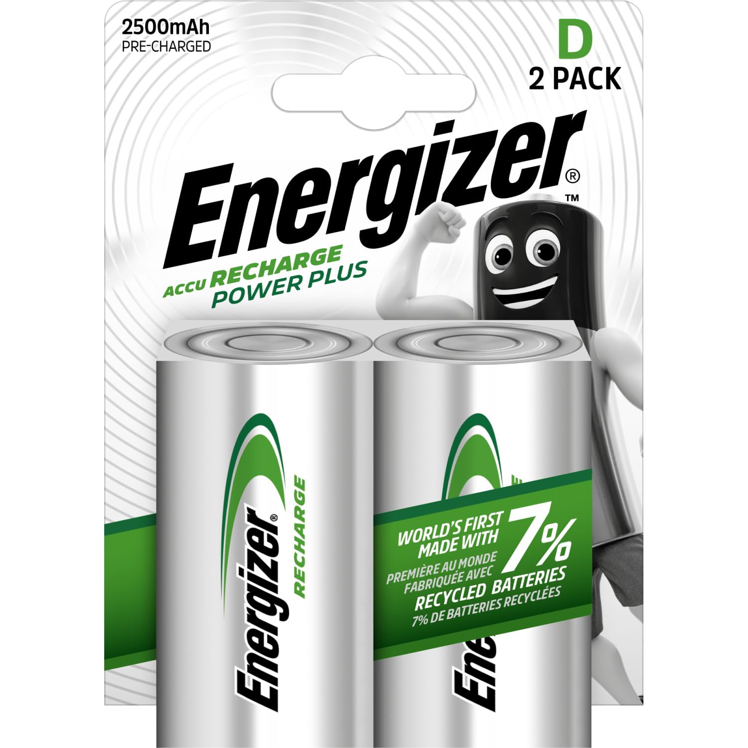 Energizer Recharge Power Plus - Rechargeable D Batteries (2 Pack) - 2500 mAh NiMH - Toys, Radios and Torches - 100% Recyclable Plastic Free Packaging