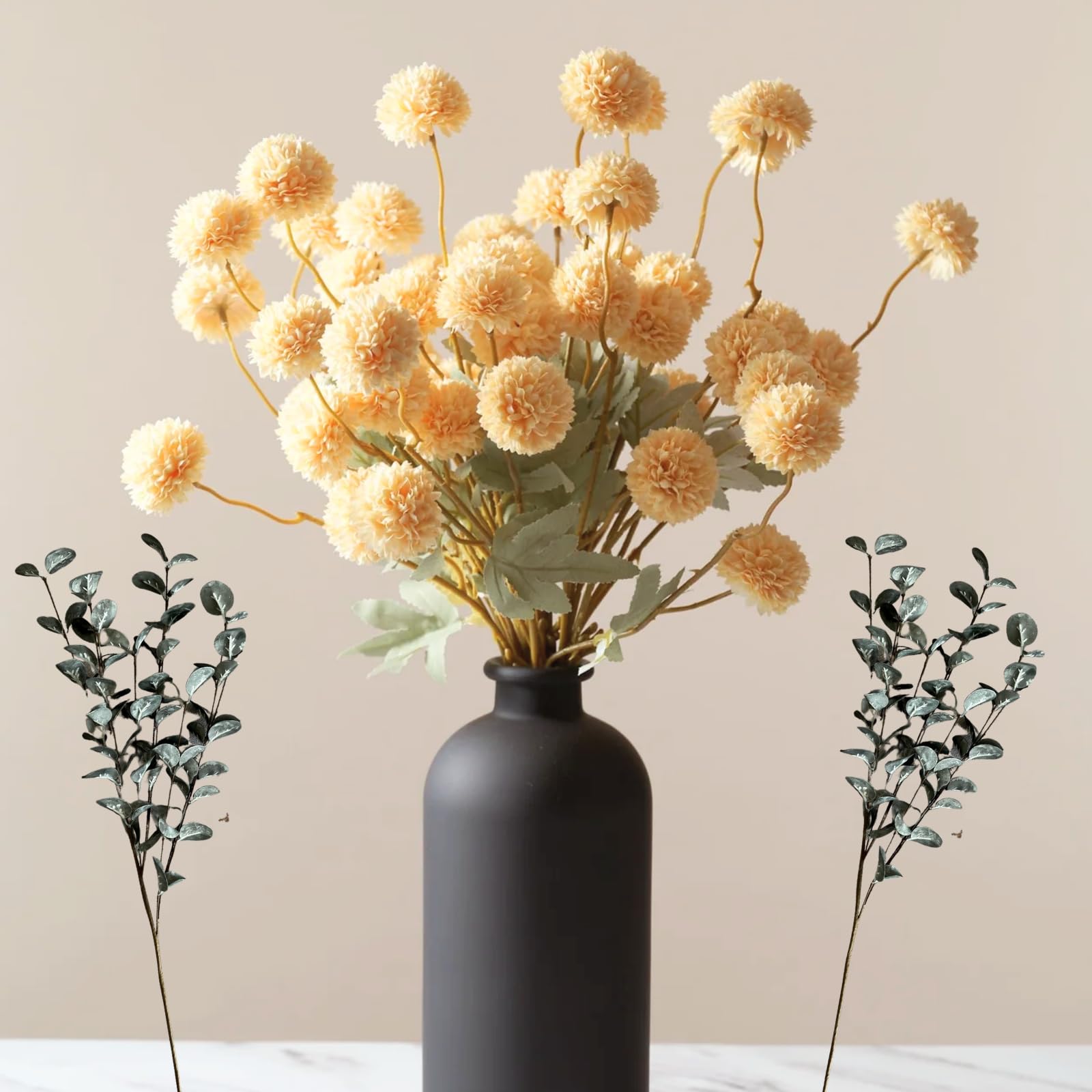 Photo 1 of Yellow Flowers Artificial 10 Long Stems Kiku Flower With Eucalyptus, Spring Flowers Decor, Mustard Yellow Decor, Flores Amarillas Artificiales Para Decoracion, Faux Easter Spring Summer Floral Stems