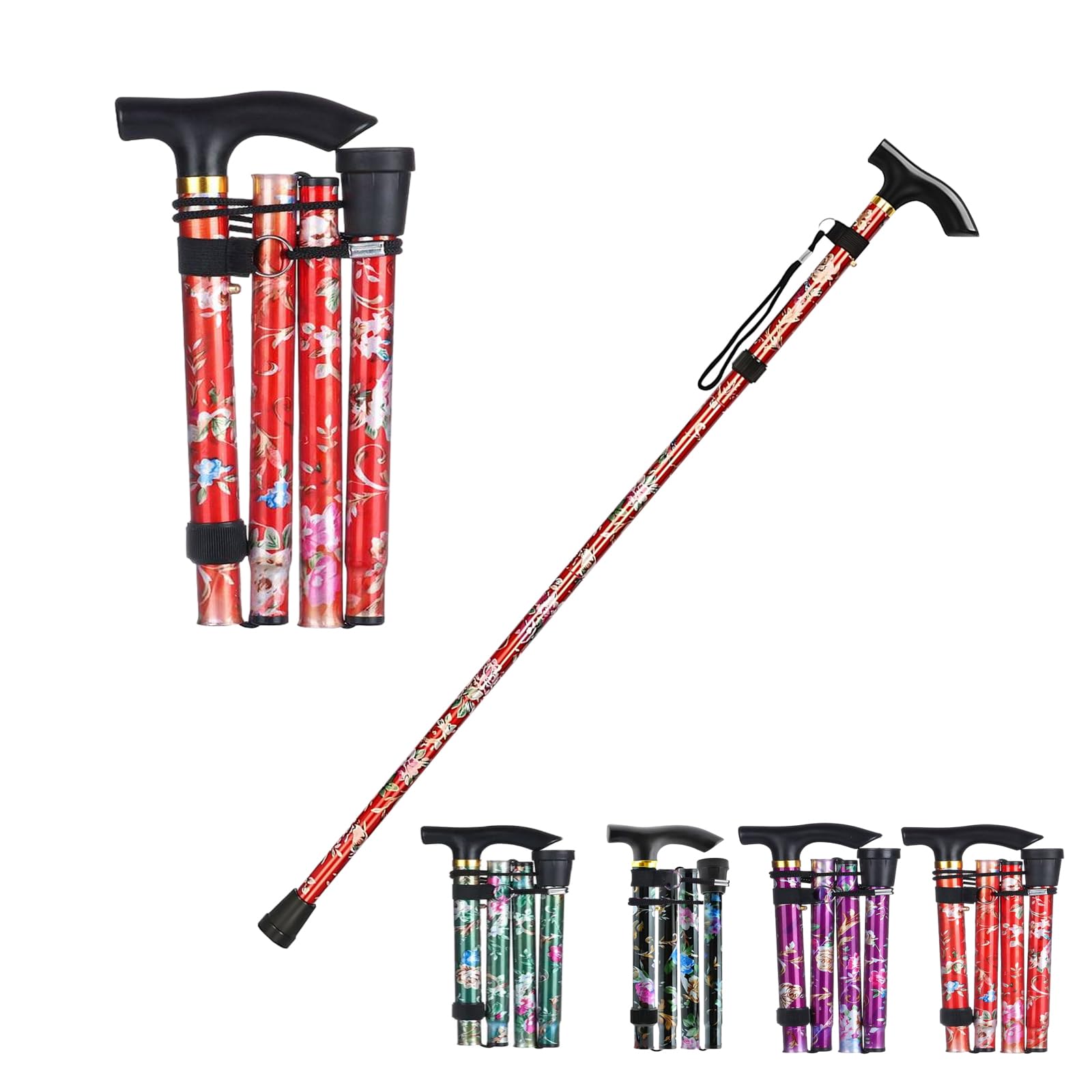 ProBytes Foldaway Cane - Ergonomic Designer Walking Stick. Height Adjustable 82-92 CM, Metal Alloy Body, Non-slip Rubber Base, Easy Grip Derby Handle, 4 Fold Mobility Aid, Collapsible - Red Floral