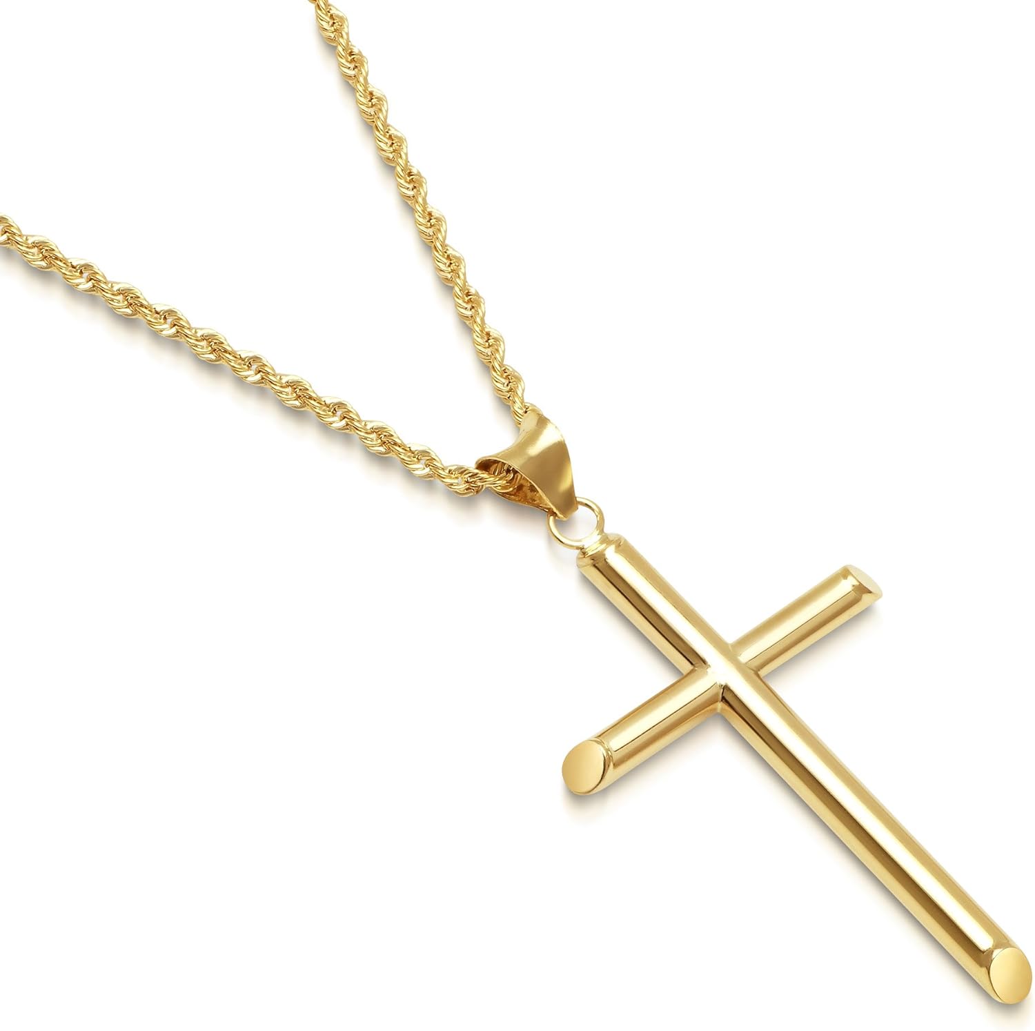 Solid 14K Gold Cross Pendant Italian Rope Chain Necklace Medium 24