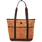 Tote Bag for Women Large Work Shoulder Handbag in Waxed Canvas &amp; Leather | Durable Waxed Cotton Canvas, Leather Trim, Fits 9.7'' iPad, 7 pockets, Secure Zipper, for Office Teacher &amp; Nurse