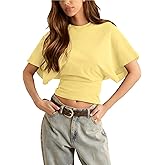 Lumister Shirts for Womens Crewneck Tighten Waist T-Shirt Casual Short Sleeve Workout Tops Solid Color Basic Tees
