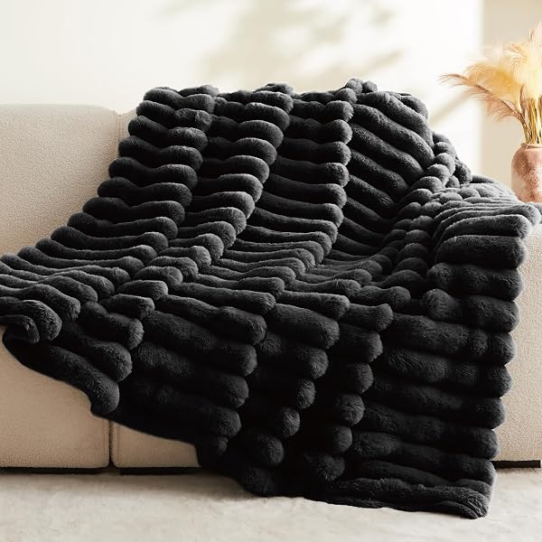 BEDELITE FAUX FUR THROW BLANKET FOR COUCH, SOFT AND COZY BOHO RUCHED FLUFFY BLANKET, WARM PLUSH FUZZY FAUX RABBIT FUR BLANKET FOR WOMEN GIFT (CREAM, 60″X 80″)