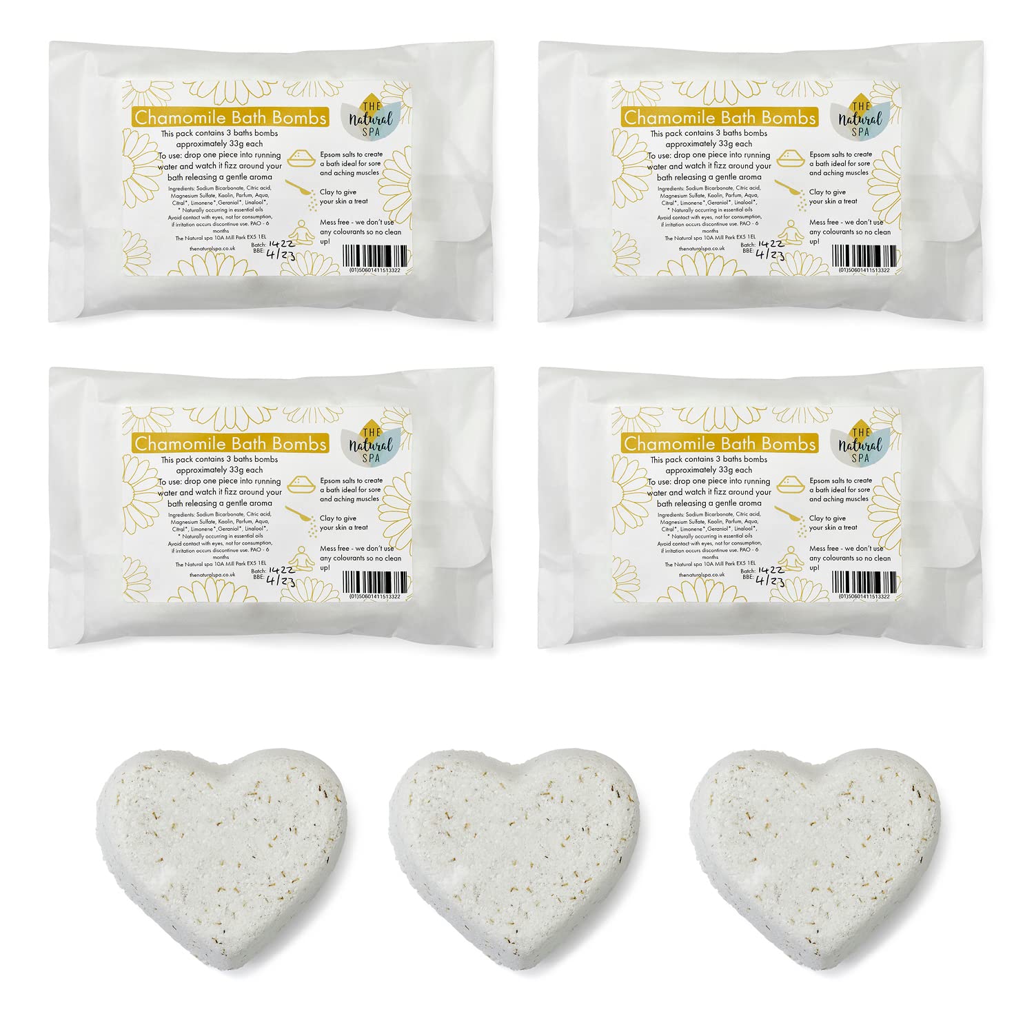 The Natural Spa Bath Bombs 4 x Pack of 3 Chamomile | Natural | No Synthetic Fragrances | No Colorant | SLS Free | Paraben-Free | Phthalates-Free | Talc-Free