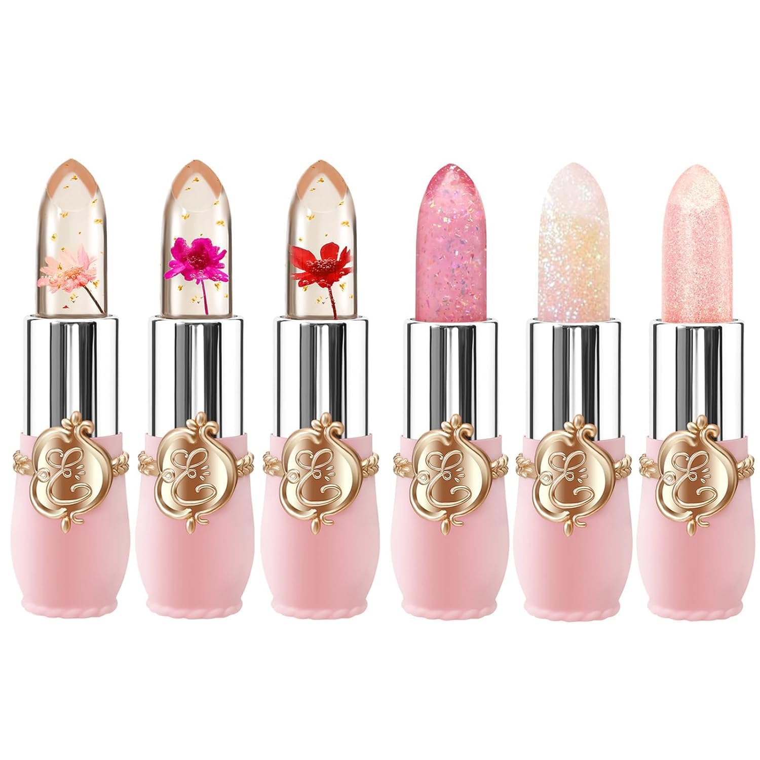 6 Packs Flower Jelly Lipstick Set Magic Temperature Color Change Lip Balm Long Lasting Moisturizer Lip Gloss Flower Jelly Lipstick Makeup Set (6PCS Set B)